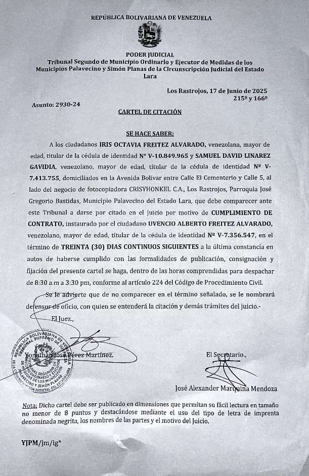 Cartel de Citación a los ciudadanos Iris Octavia Fréitez Alvarado y Samuel David Linárez Gavidia, cédulas de identidad V-10.849.965 y V-7.413.755, Juicio por motivo de Cumplimiento de Contrato, asunto