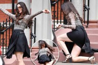 Anne Hathaway takes a tumble on a broken shoe while filming 'The Devil Wears Prada 2'