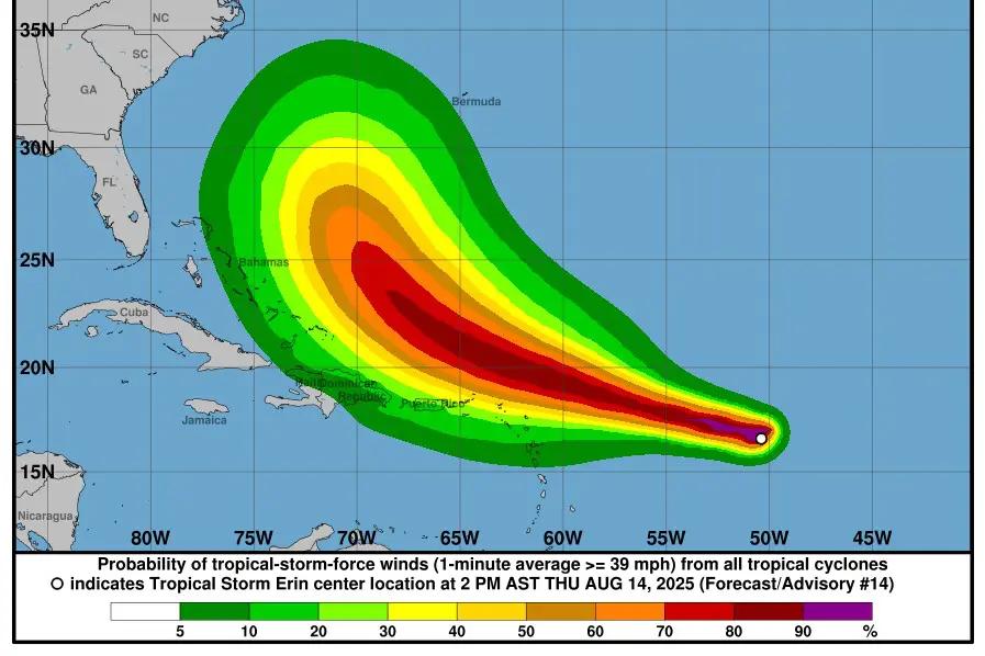 Tormenta Tropical Erin avanza hacia el Caribe, podría convertirse en huracán