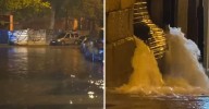 Vídeo | Una fuerte fuga de agua inunda la zona de As Burgas de Ourense de madrugada