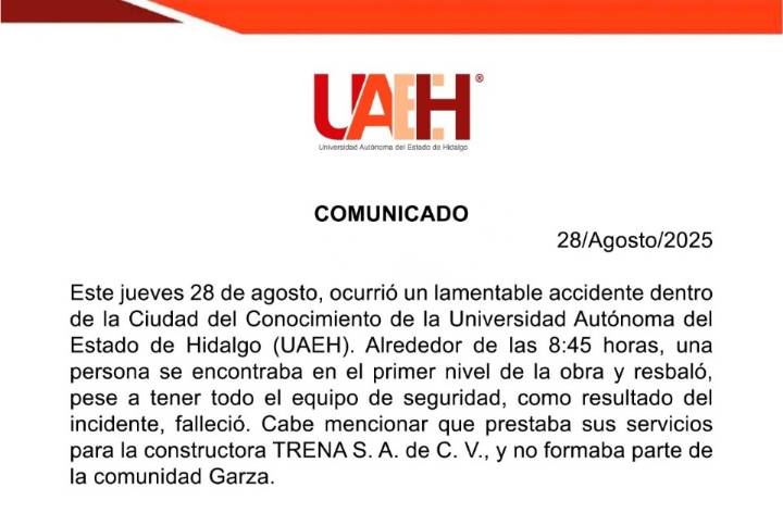 Murió trabajador en la UAEH por caída