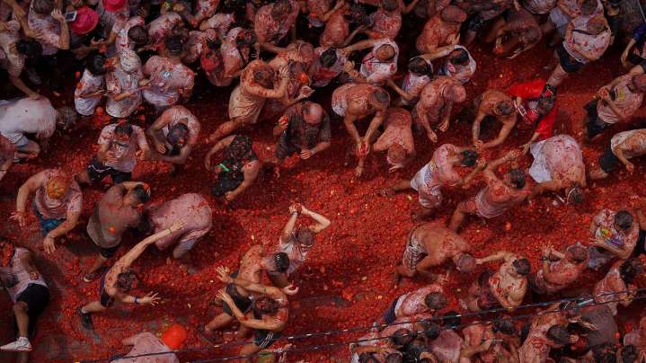 Tons of overripe tomatoes become projectiles in Spain's 'Tomatina' food fight