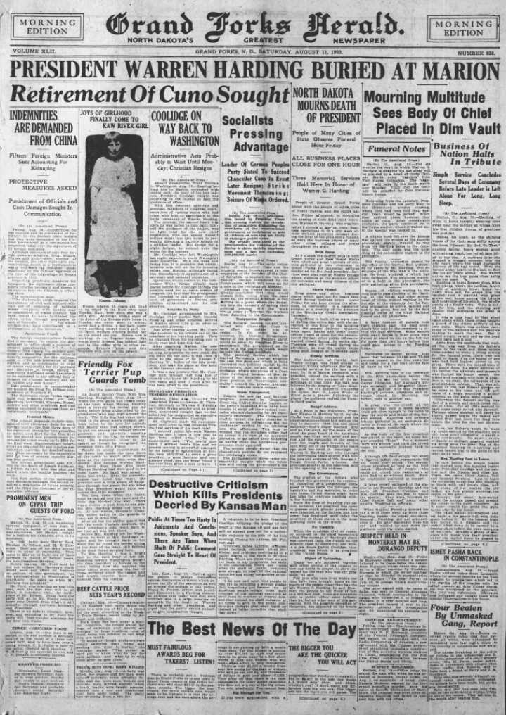 Today in History: August 11, 1923 - North Dakota mourns death of President Harding