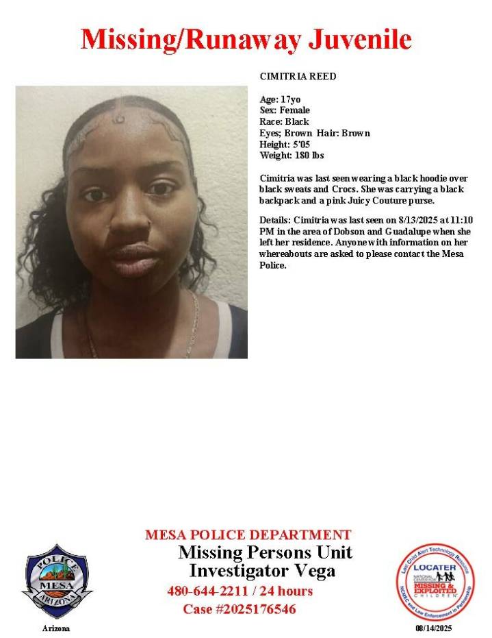 Cimitria Reed, 17, missing from Mesa, police say