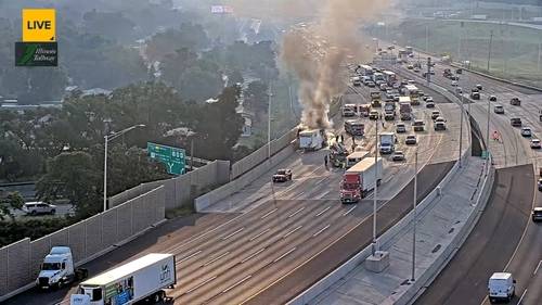 I-294 traffic: Semi-trailer fire temporarily closes Tri-State Tollway lanes at La Grange Road, near Western Springs, Illinois