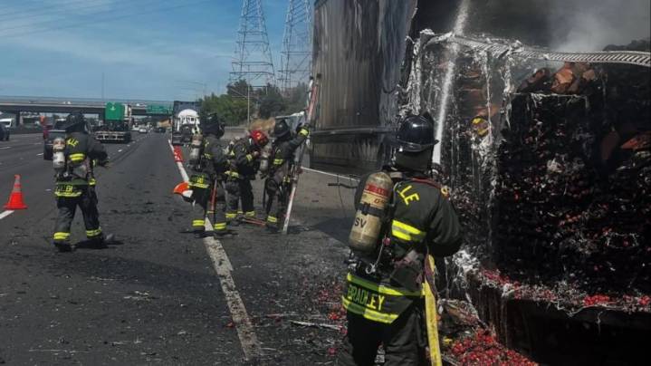 Semitruck filled with strawberries catches fire on Interstate 80 in Northern California