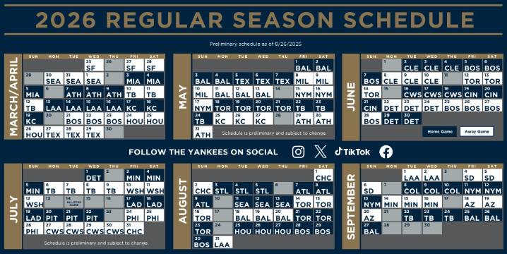 Yankees 2026 schedule release: Host Sept. 11 Subway Series celebration