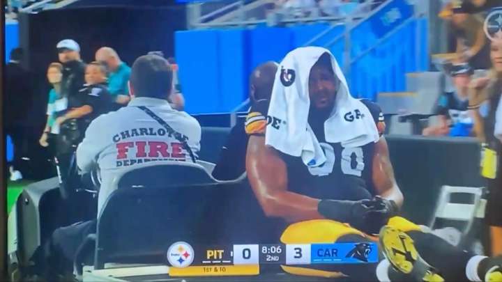 Pittsburgh Steelers star Derrick Harmon fights back tears after getting carted out of game with worrying knee injury