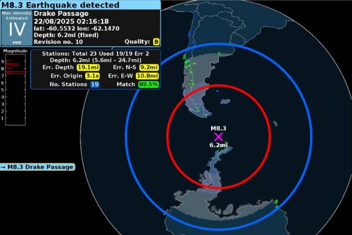 Fuerte terremoto de 8,3 grados en el Pasaje de Drake, a 717 km de Ushuaia