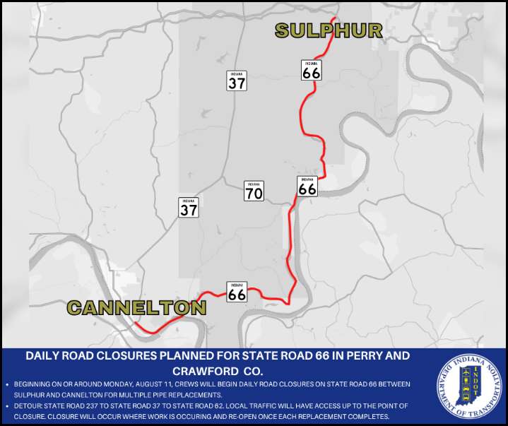 Daily road closures planned for State Road 66 in Perry and Crawford Counties