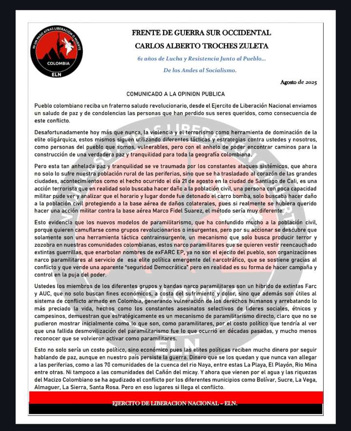 ELN condena atentado en Cali y advierte avance “narco-paramilitar” en el suroccidente