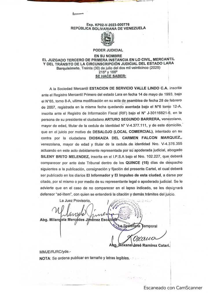 Cartel de Citación a la Sociedad Mercantil Estación de Servicio Valle Lindo, C. A., presidente ciudadano Arturo Segundo Barrera, cédula de identidad V-4.377.111, Juicio por motivo de Desalojo (Local C
