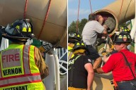 Connecticut firefighters slice open playground slide to rescue 40