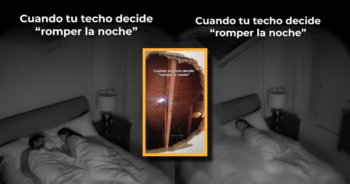 Pareja dormía tranquila y le cae el techo con todo y agua encima; cámaras captan el momento