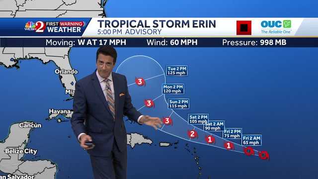 Erin becomes a hurricane Friday + heat builds locally!  August 14