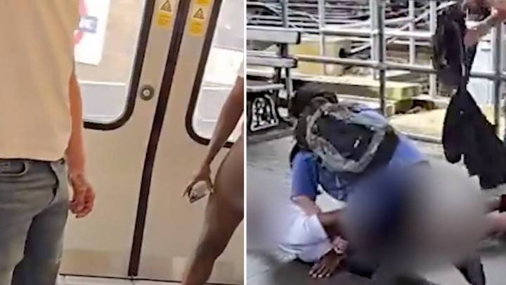 Moment tube passengers tackle naked man after he removes trousers and flashes young...