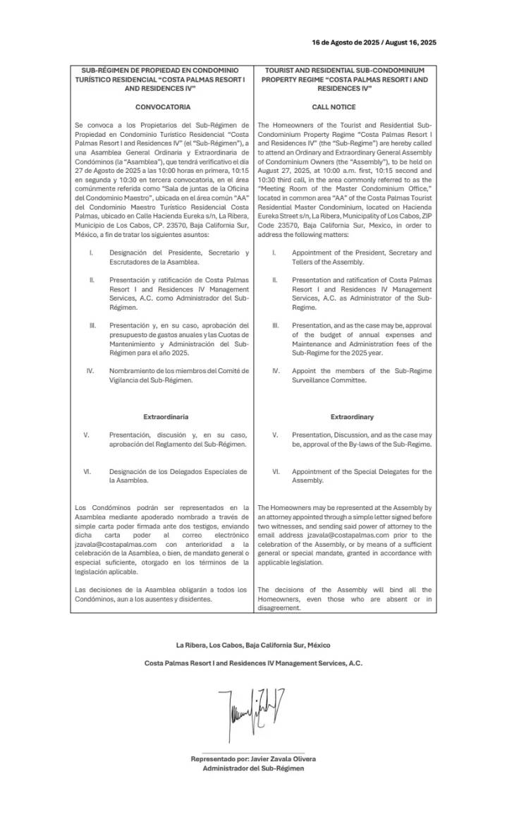 Convocatoria Costa Palmas Resort I and Residences IV