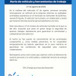 CEO INFORMA SOBRE NUEVO CASO DE HURTO DE VEHÍCULO Y HERRAMIENTAS DE TRABAJO