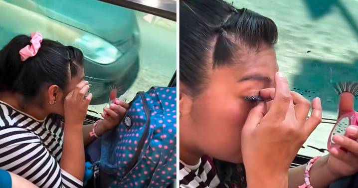 Captan a joven colocándose pestañas postizas en el bus y usuarios bromean: “Impuntual, pero preciosa”