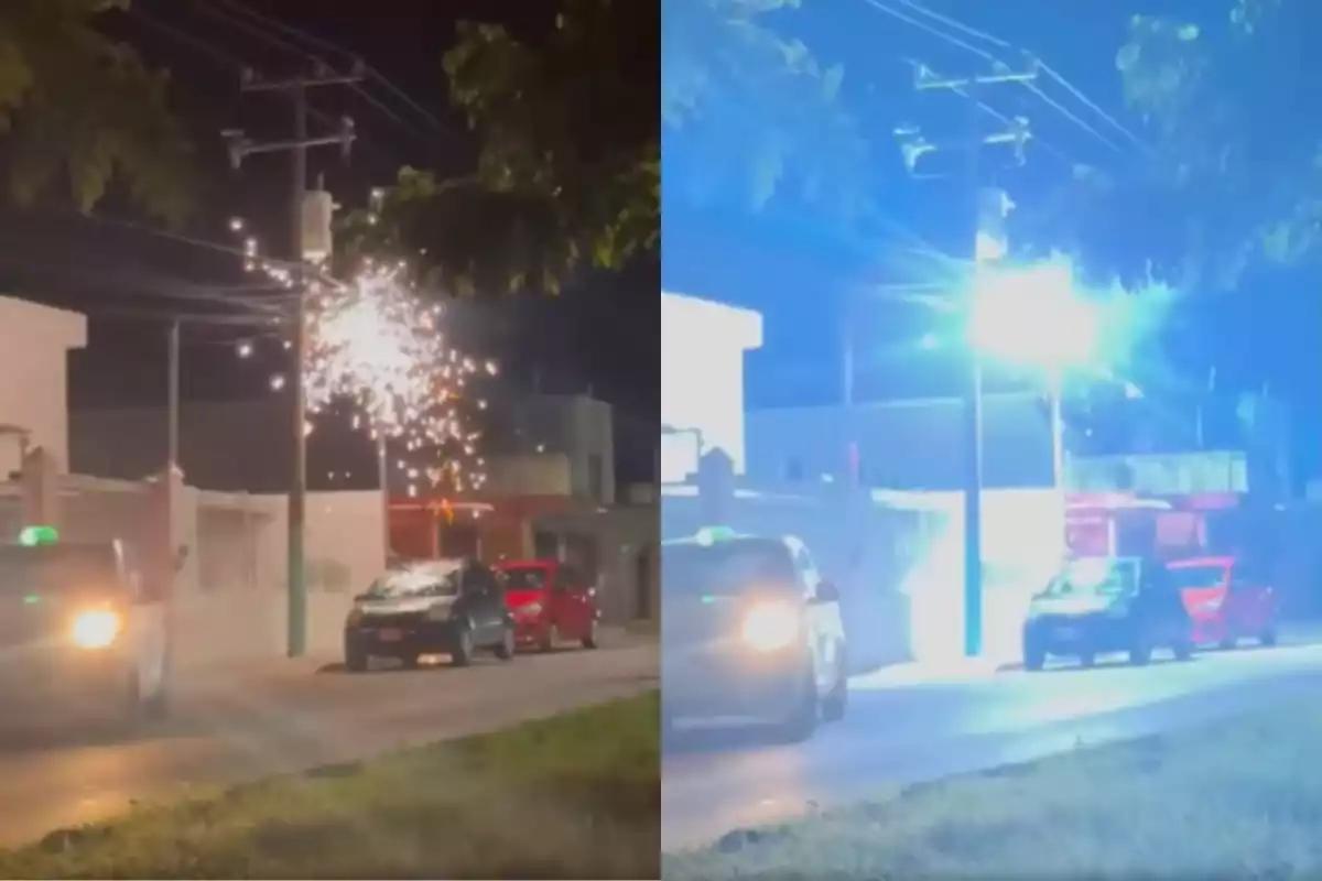 Poste de CFE provoca chispas y alerta a vecinos de la colonia David Gustavo de Chetumal