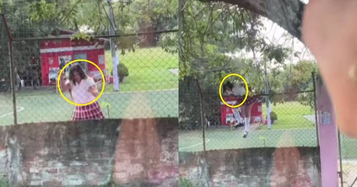 Madre capta a su hija escapando de la escuela al saltar la reja justo cuando iba por ella