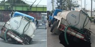 Pipa cae en un socavón que se abrió sobre Calzada Zaragoza en la alcaldía Iztapalapa CDMX