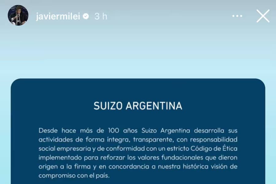 Javier Milei compartió un comunicado de la droguería Suizo Argentina en medio del escándalo por los audios