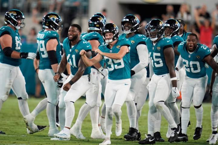 Jaguars' Cam Little hits a 70-yard field goal in an exhibition game against the Steelers