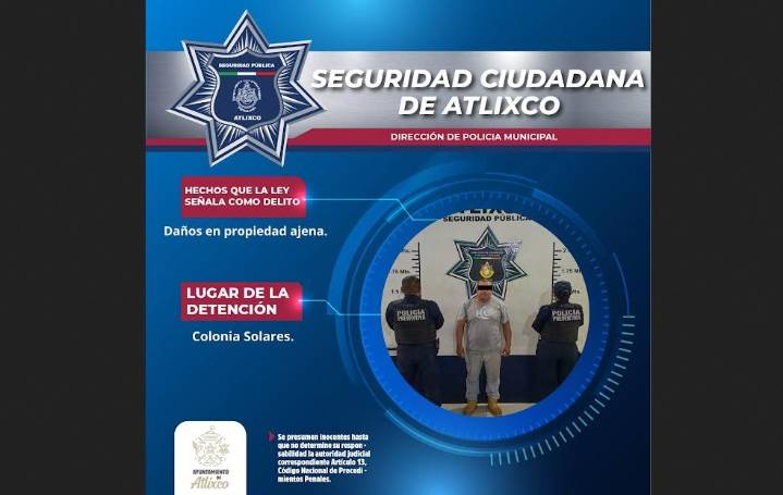 Reporte ciudadano permite detener a hombre por daños a vehículo en Atlixco