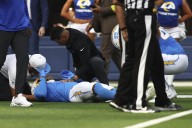 Chargers WR Quentin Johnston leaves field on cart after big hit on 3rd snap vs Rams