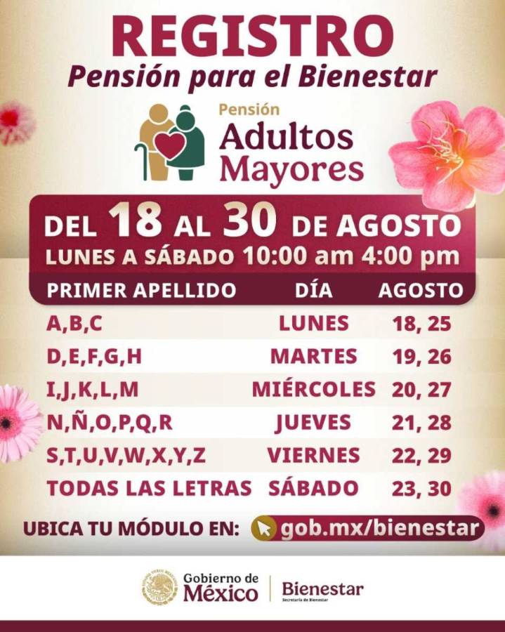 Hasta el 30 de agosto continúa registro a Pensión Mujeres Bienestar y del 18 al 30 de agosto abre para la Pensión de Adultos Mayores