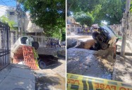 Calle se ‘ tragó’ camión cargado de agua, conductor se salvó