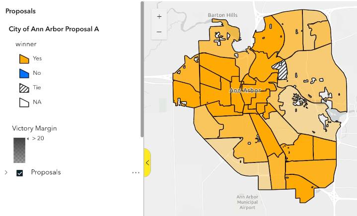 Color-coded maps show how Ann Arbor voted on Proposals A and B