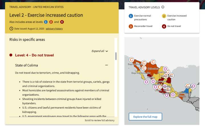 EEUU actualiza alertas de viaje, ubica a Colima en nivel 4: recomienda no viajar por riesgos de terrorismo, crimen y secuestro