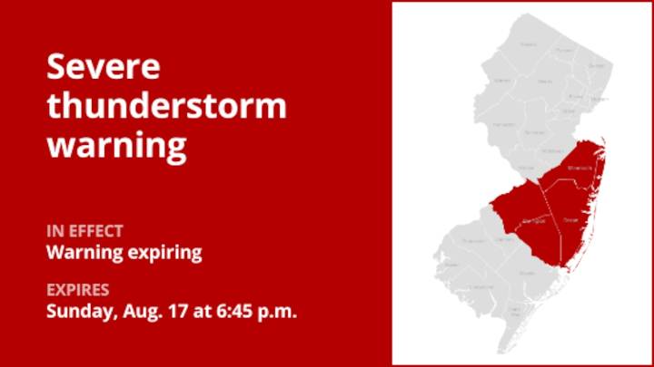 Update: The severe thunderstorm warning for 3 N.J. counties is expected to expire at 6:45 p.m.
