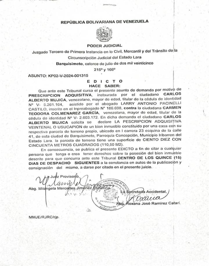 Edicto – Demanda por Prescripción Adquisitiva contra la ciudadana Carmen Teodora Colmenárez García, cédula de identidad V- 2.603.172, instaurada por el ciudadano Carlos Alberto Mujica, asunto: KP02-V-
