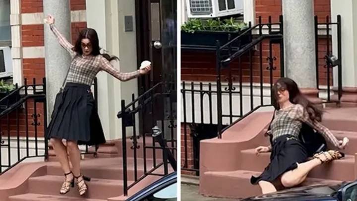 EN VIDEO: Anne Hathaway se cayó por unas escaleras durante el rodaje de ‘El diablo viste a la moda 2’ y su reacción se volvió viral