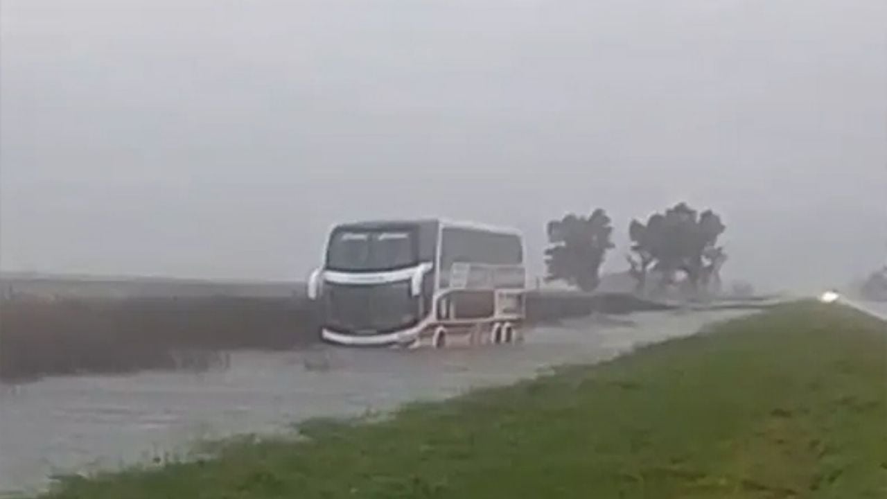 Tormenta de Santa Rosa: un micro quedó varado en una zanja de la ruta 5