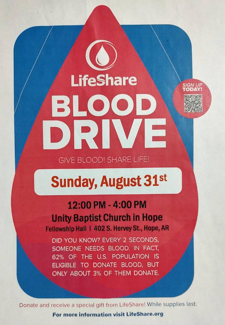 Blood drive Sunday at Unity Baptist Church