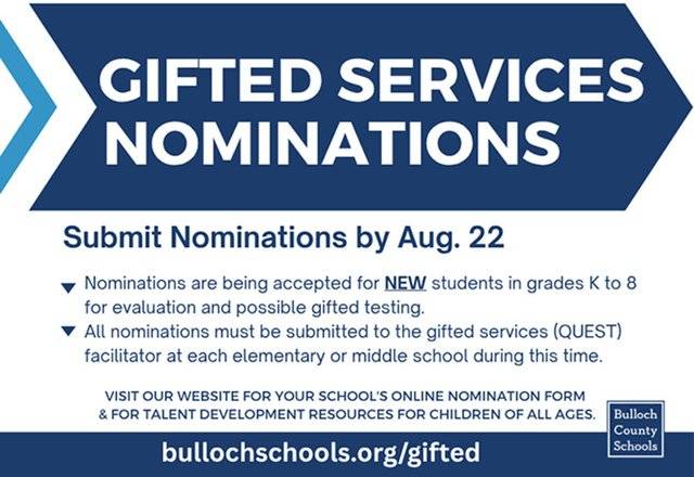 Nominations for K-8 Gifted Services now open through Aug. 22