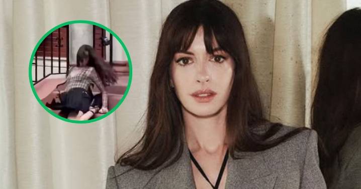 Video: Anne Hathaway sufre bochornosa caída durante rodaje de ‘El Diablo Viste a la Moda 2′