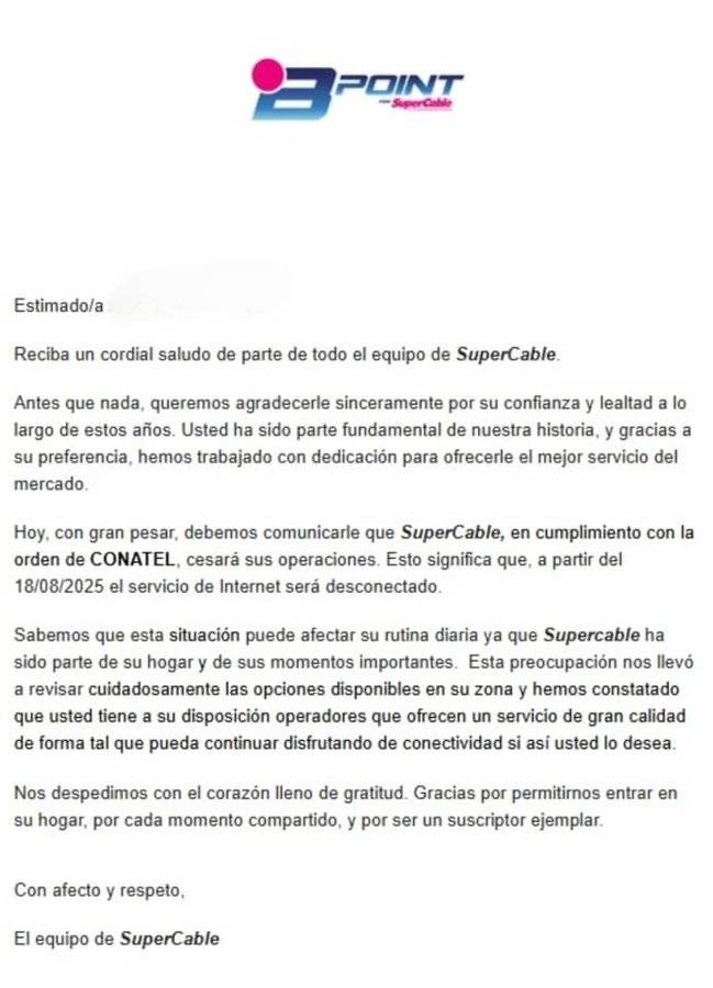 SuperCable anunció el cese definitivo de sus operaciones tras decisión de Conatel