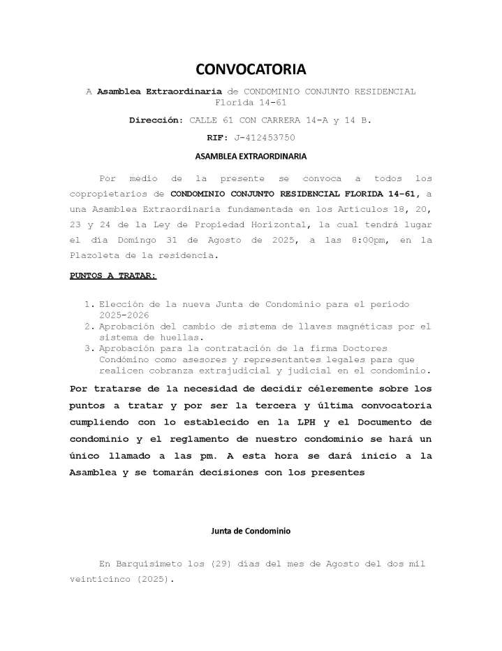 Convocatoria – Tercera Convocatoria de Asamblea Extraordinaria del Condominio “Conjunto Residencial Florida 14