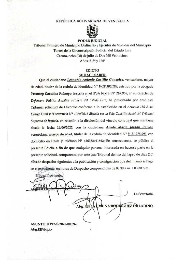 Edicto – Solicitud de Disolución de Vínculo Conyugal presentado por el ciudadano Leonardo Antonio Castillo González, asunto: KP12-S