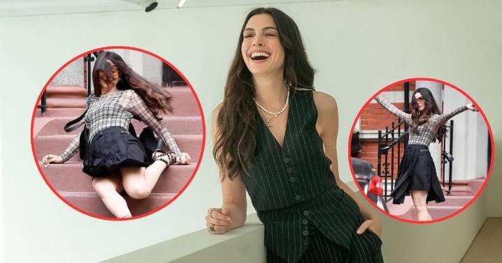 Anne Hathaway sufre aparatosa caída en el rodaje de “El Diablo Viste a la Moda 2″ y su reacción causa furor en redes