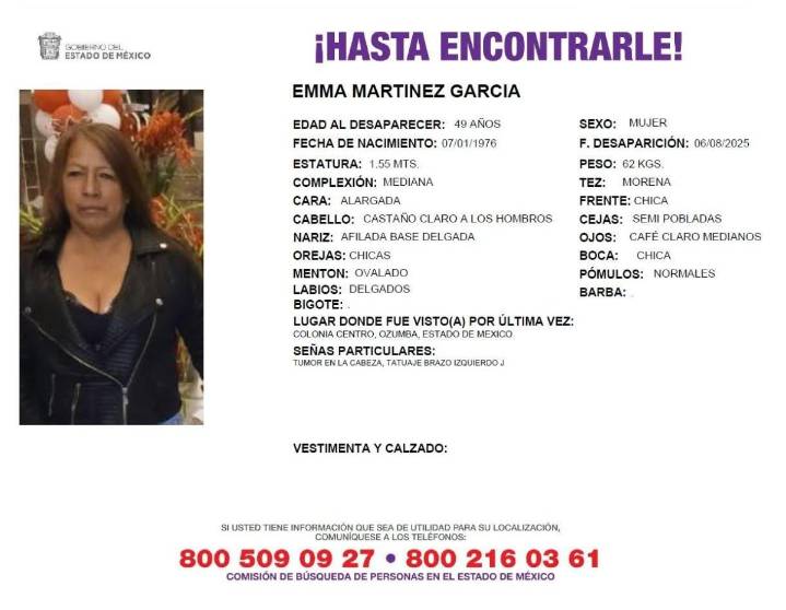 Se desconoce el paradero de EMMA ayúdanos a reintegrarl@ pronto a su núcleo familiar.