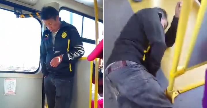 Hombre se queda dormido mientras viajaba de pie en un bus, pierde el equilibrio y termina cayendo al piso
