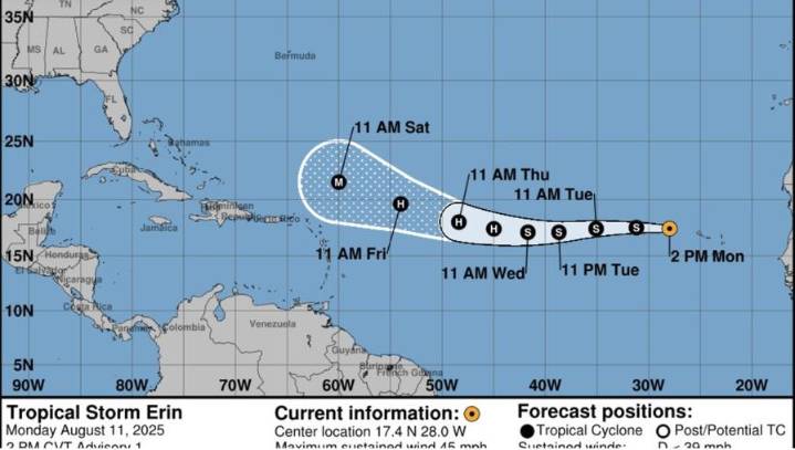 Tormenta tropical Erin avanza hacia el oeste y probablemente se convierta en huracán esta semana