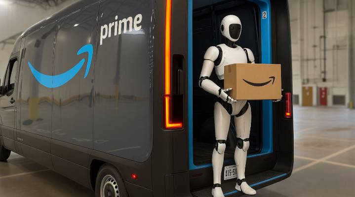 Amazon to deploy humanoid robots to ferry packages to YOUR front door - having got there in a driverless delivery van