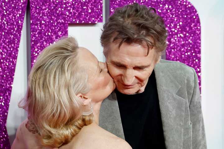 Liam Neeson Gives Pamela Anderson a Forehead Kiss in 'Naked Gun' Promo